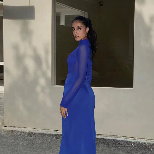 Damen Elegantes Maxikleid mit transparenten Ärmeln und raffinierter Drapierung R&B