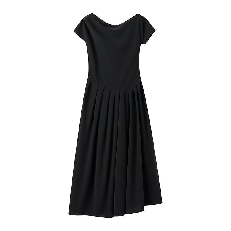 Damen Midi-Kleid mit elegantem Faltenrock und offenkantigem Ausschnitt R&B