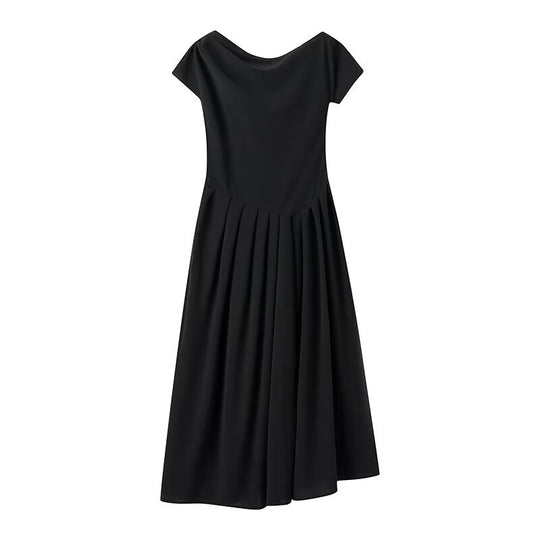 Damen Midi-Kleid mit elegantem Faltenrock und offenkantigem Ausschnitt R&B