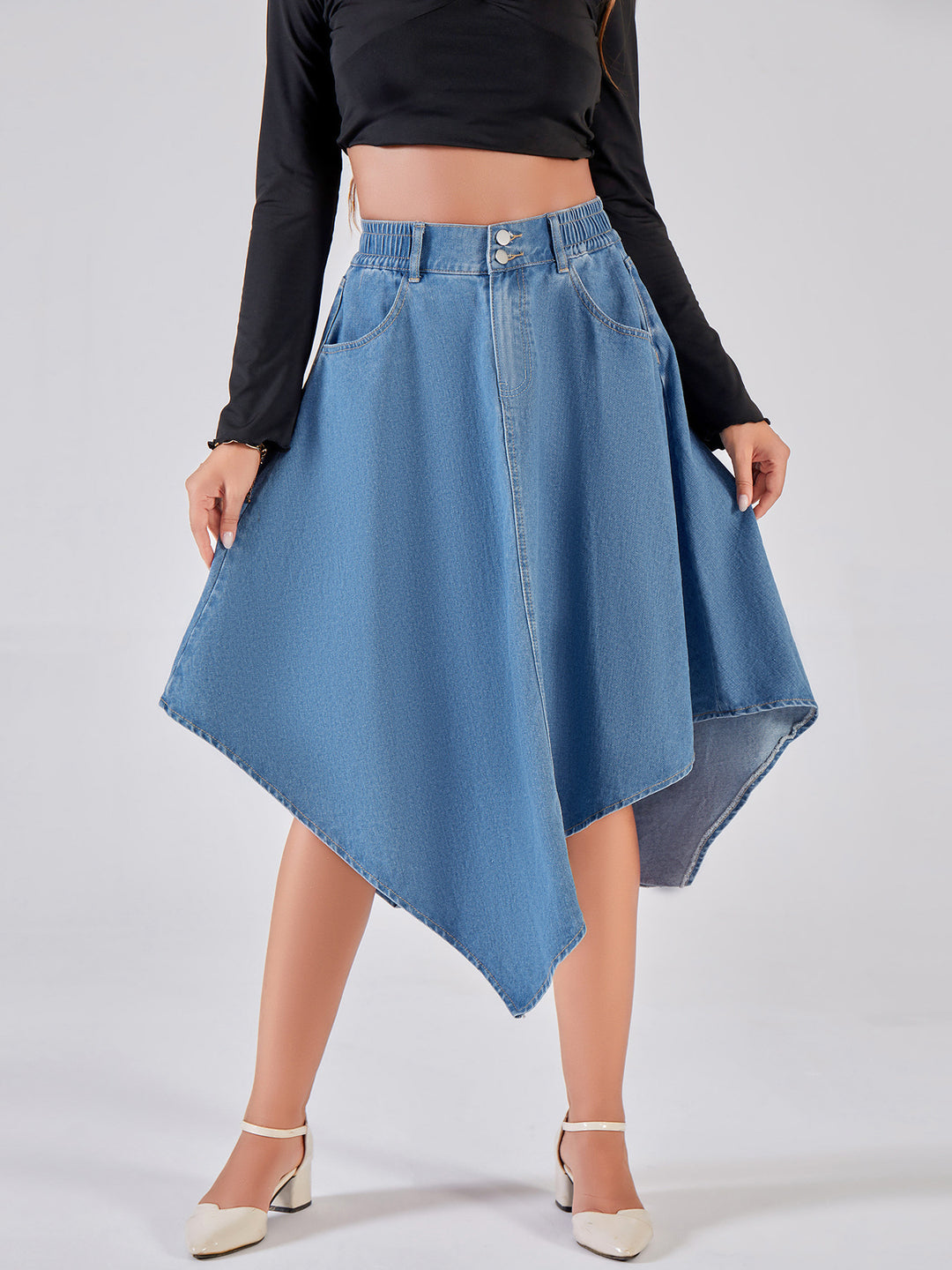 Damen asymmetrischer Denim-Rock mit attraktivem Saumdesign R&B