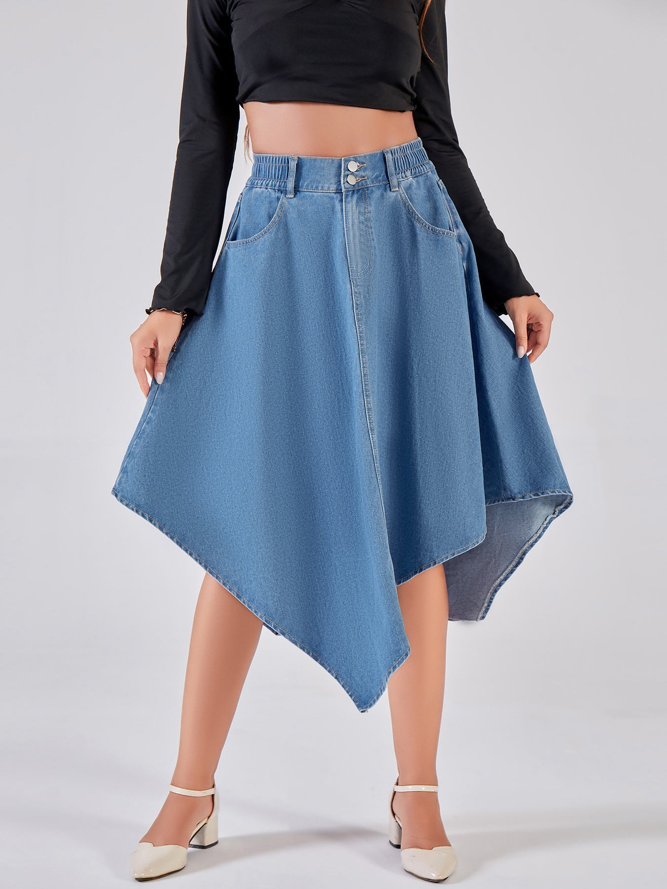 Damen asymmetrischer Denim-Rock mit attraktivem Saumdesign R&B