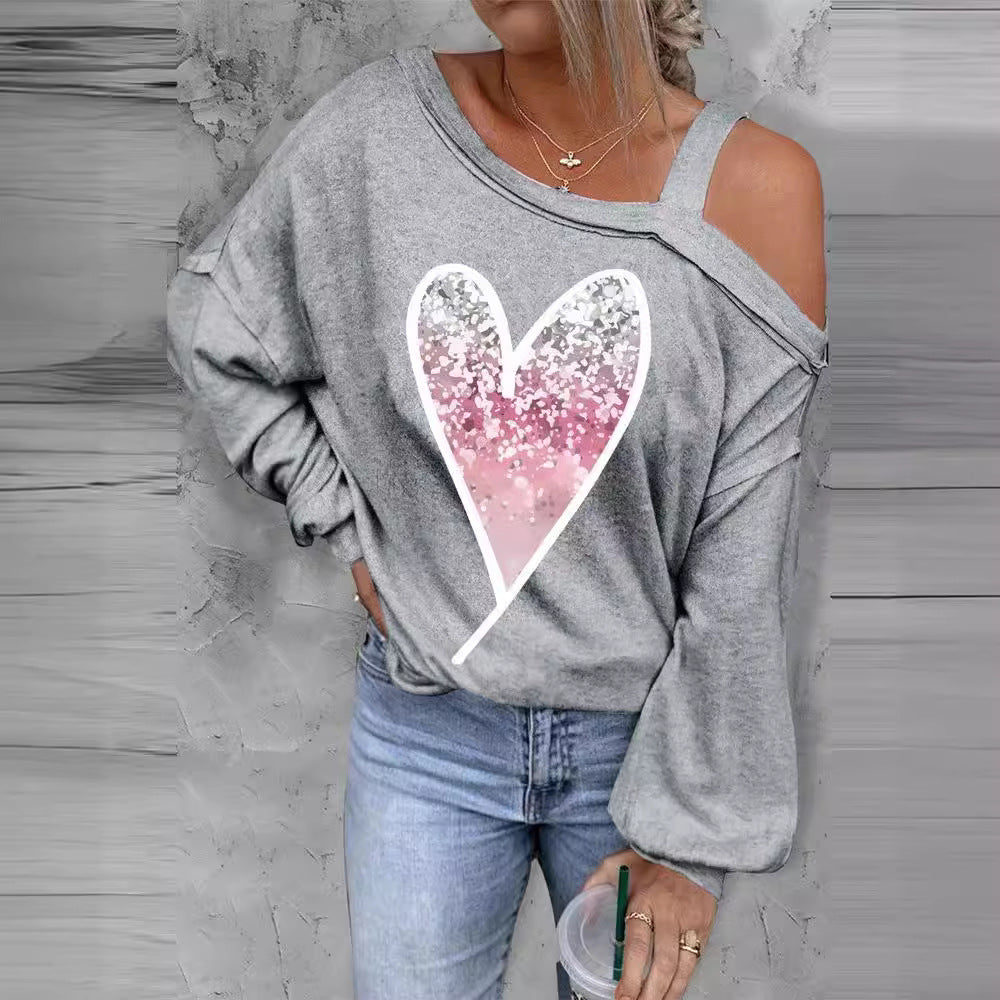 Damen lässiger Oversized Pullover mit herzförmigem Glitzer-Design R&B