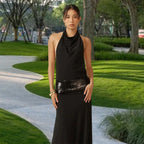 Damen Abendkleid mit schickem Wasserfallausschnitt und glitzerndem Taillenelement EB