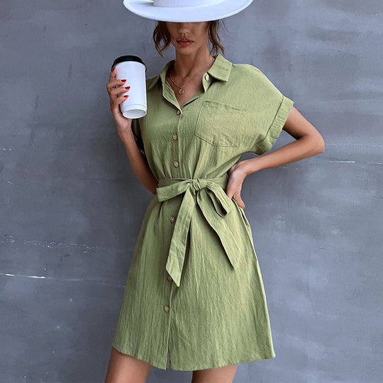 Damen Hemdblusenkleid mit Taillengürtel und Kurzarm R&B