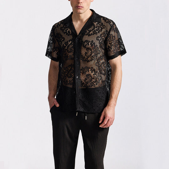 Herren Designer-Hemd aus transparentem Häkelmaterial mit floralem Muster R&B