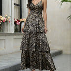 Damen Elegantes Tiermuster-Maxikleid mit tiefem V-Ausschnitt und voluminösem Rock R&B