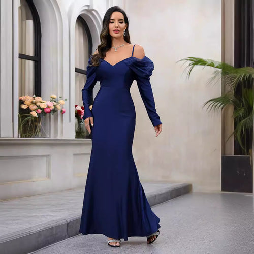 Damen Elegantes Maxikleid mit Steckkragen und schulterfreiem Design R&B