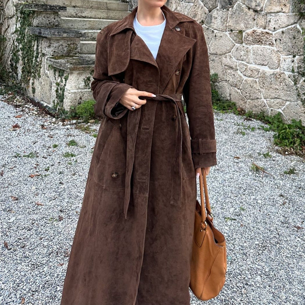 Damen Suede Trenchcoat mit Gürtel und eleganten Knopfdetails R&B