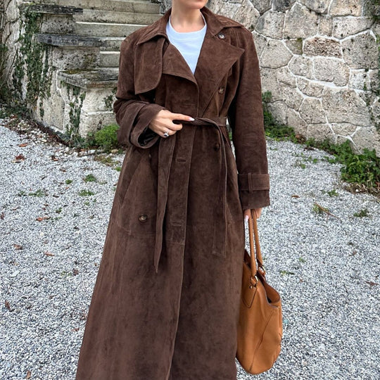 Damen Suede Trenchcoat mit Gürtel und eleganten Knopfdetails R&B