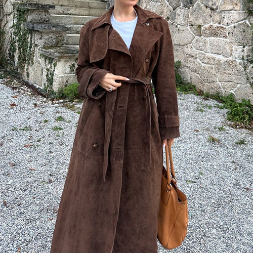 Damen Suede Trenchcoat mit Gürtel und eleganten Knopfdetails R&B