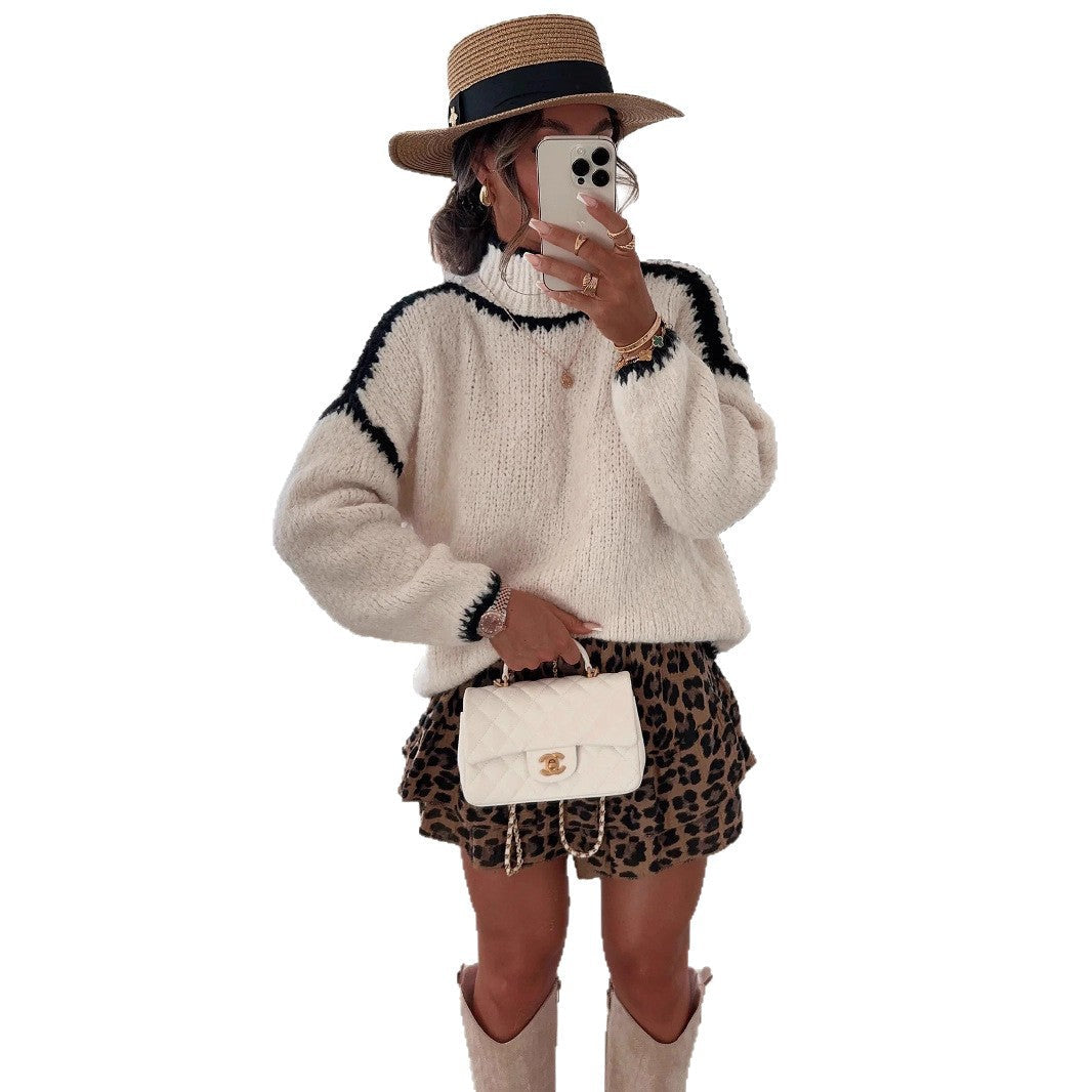 Damen modischer Pullover mit hohem Kragen und strukturiertem Strickdesign R&B