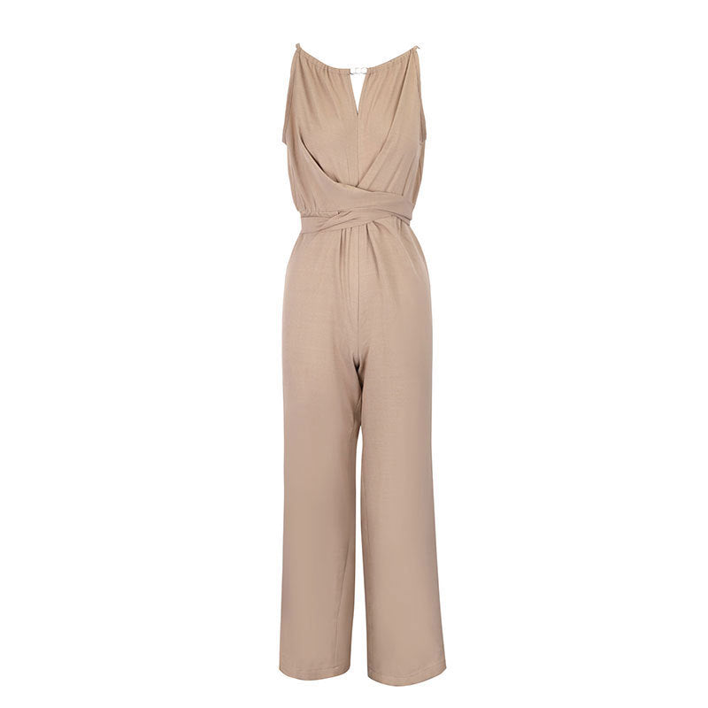 Damen bodenlanger Jumpsuit mit raffiniertem Wickeldesign und eleganter Bundnaht EB
