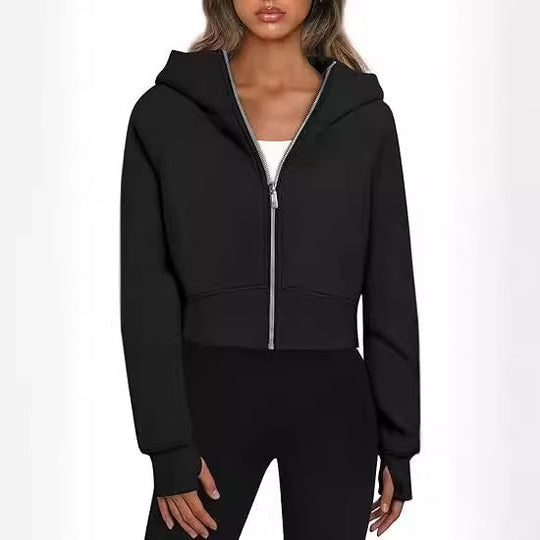 Damen cropped Kapuzenpullover mit Reißverschluss und elastischem Bund R&B
