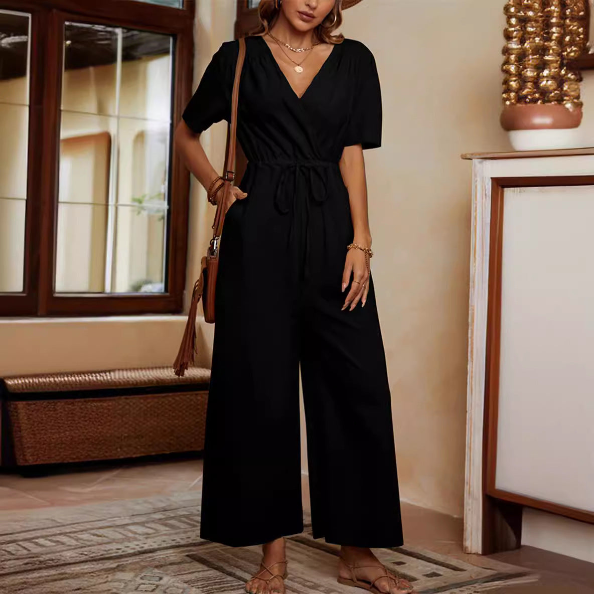 Damen Lässiger Jumpsuit mit hohem Bund und praktischen Taschen R&B