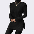 Damen Langarmshirt mit hohem Kragen und feinem Rippdesign