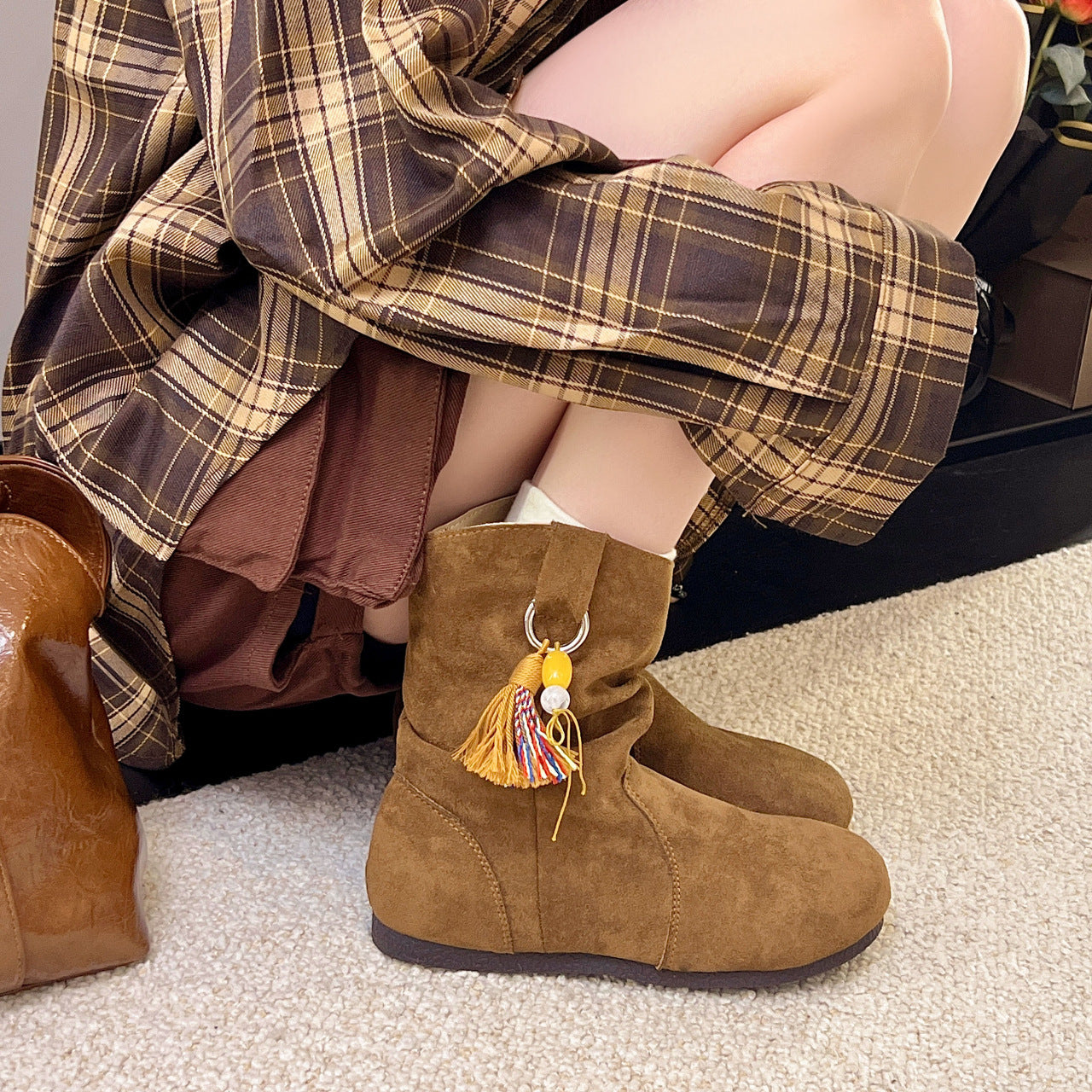 Damen Bequeme Winterstiefel aus weichem Wildleder mit modischem Designschnallen R&B
