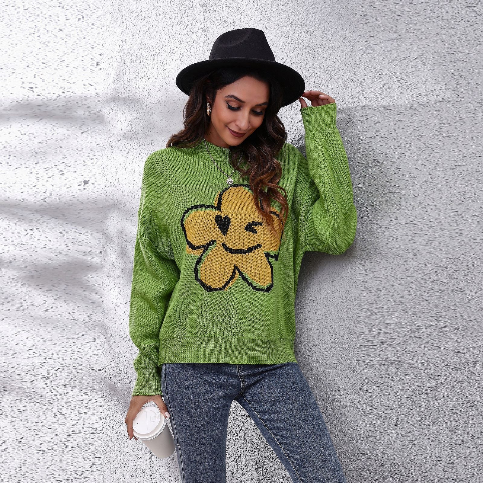 Damen Grob gestrickter Pullover mit floralem Motiv und lässigem Schnitt R&B