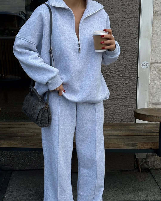 Damen sportliches Fleece-Loungewear-Set mit hohem Kragen und Reißverschluss R&B