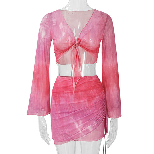 Damen lässiges Crop-Top mit asymmetrischem Rock und langen Ärmeln R&B