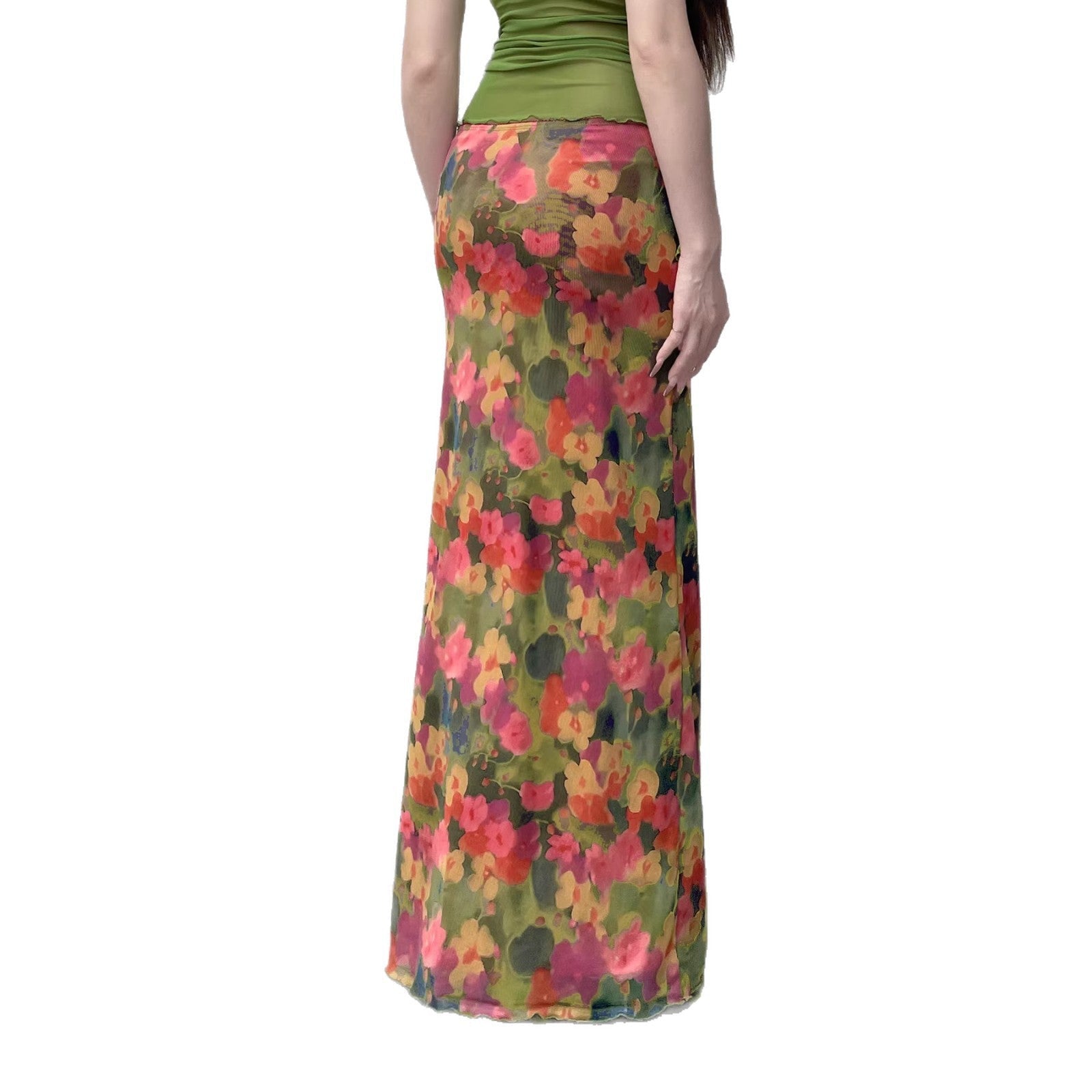 Damen Maxi-Rock mit floralem Chiffon-Design und seitlichem Schlitz R&B