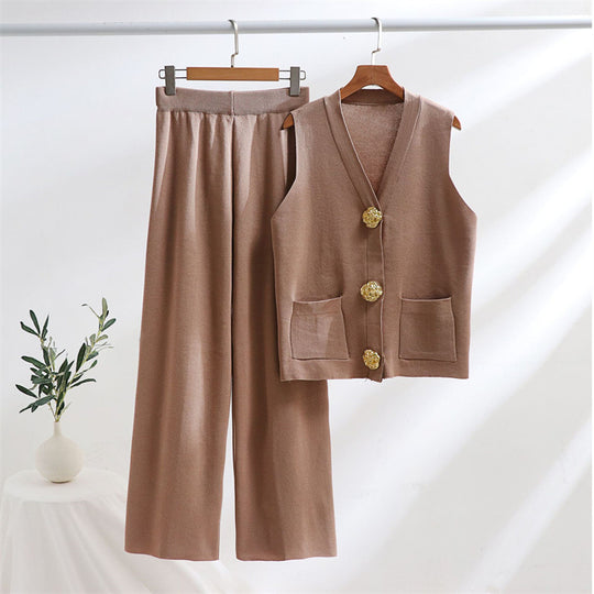 Damen elegantes Strick-Loungewear-Set mit Knopfdetaillierung R&B