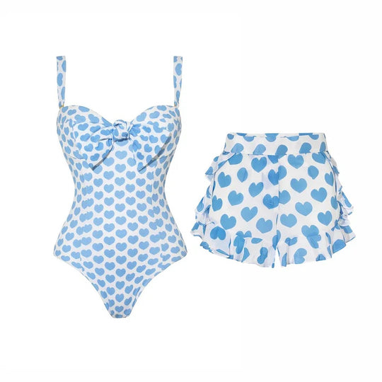 Damen Bikiniset mit herzförmigen Mustern und Rüschenrock R&B