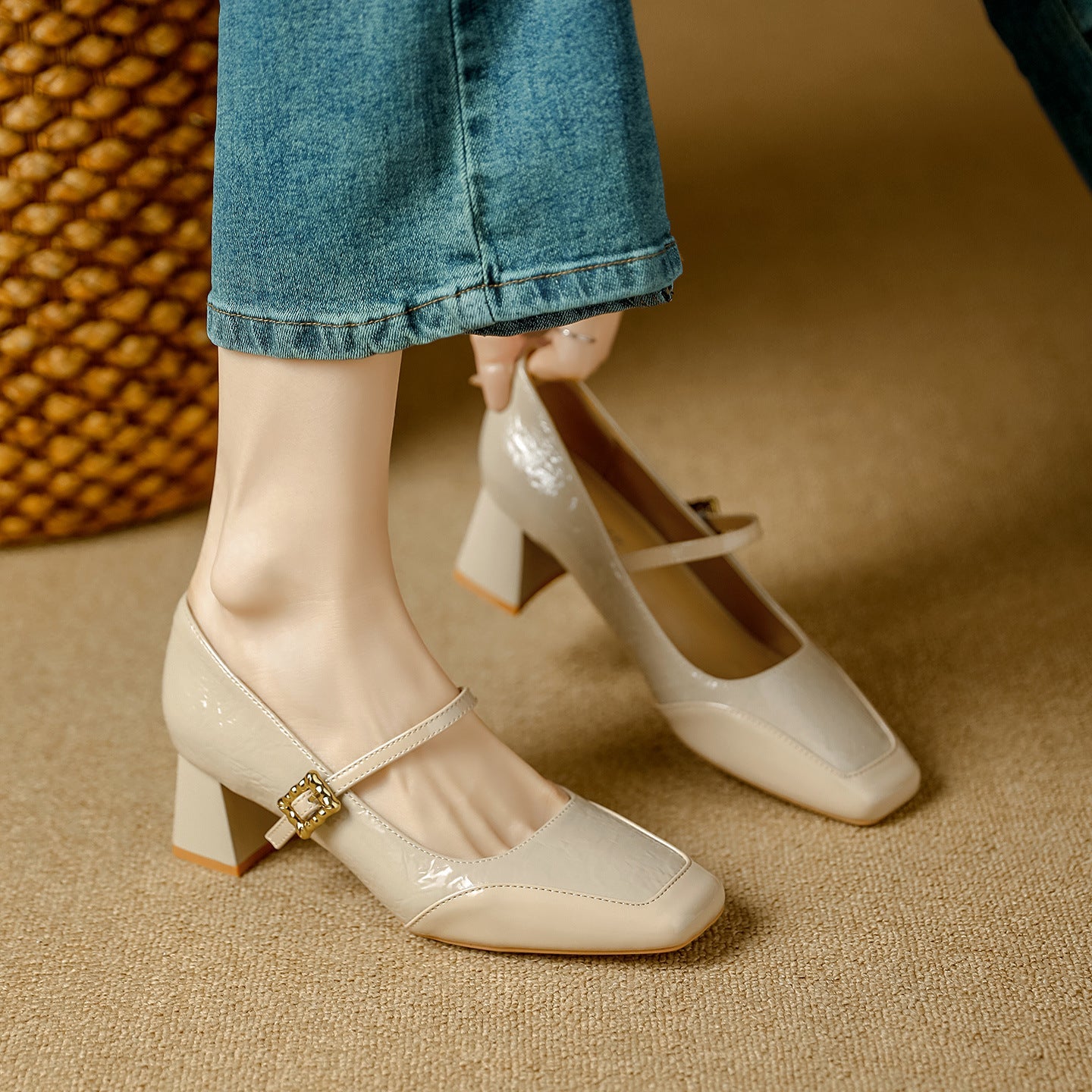 Damen elegante Mary Jane Pumps mit quadratischer Schuhspitze und modischem Riemen