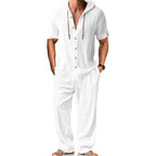 Herren nan luftiges Leinen-Lounge-Set mit kurzärmeligem Kapuzenhemd und gerader Relaxhose R&B