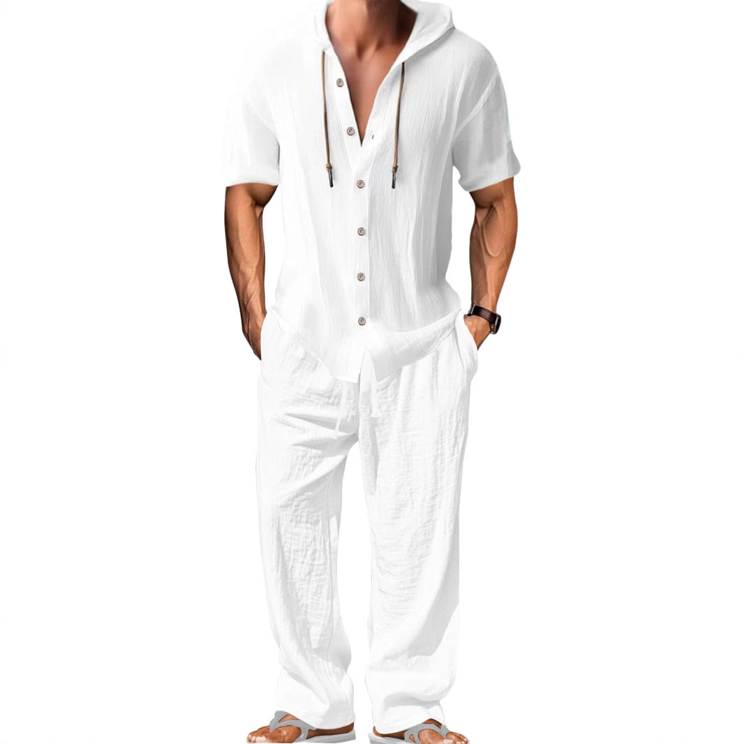 Herren nan luftiges Leinen-Lounge-Set mit kurzärmeligem Kapuzenhemd und gerader Relaxhose R&B