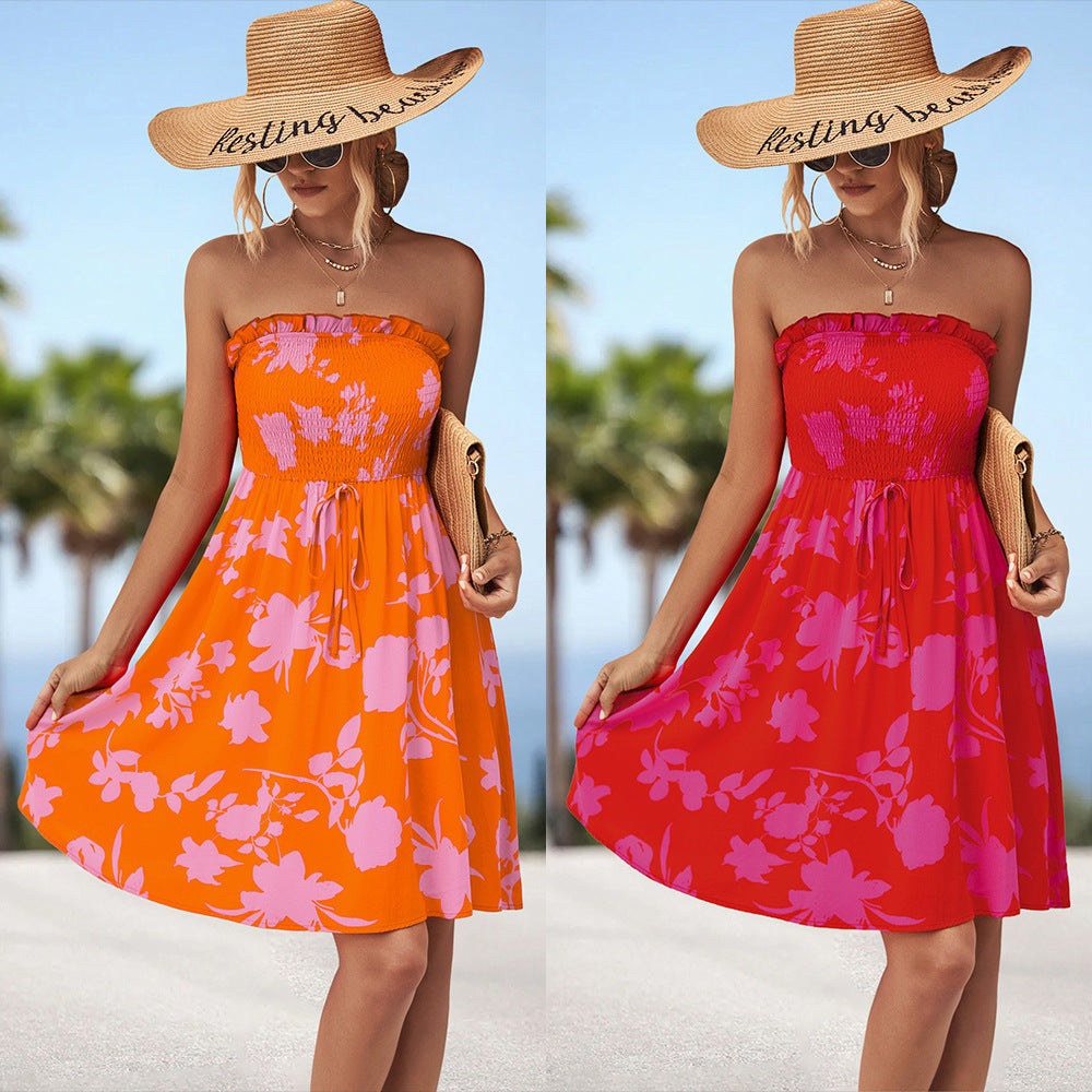 Damen luftiges Sommerkleid mit elastischem Taillenband und floralem Volant R&B