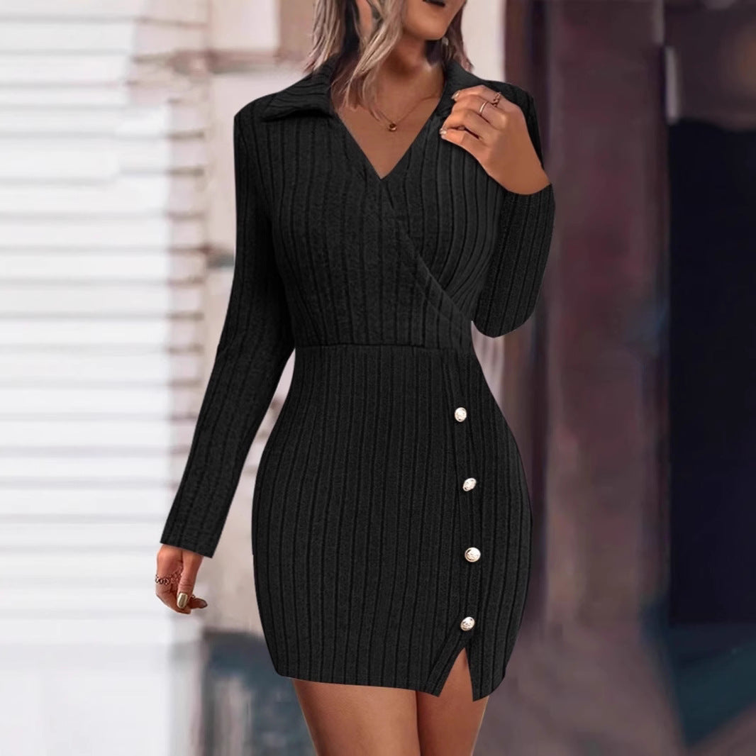 Damen Strickkleid mit V-Ausschnitt und Knopfdetails R&B