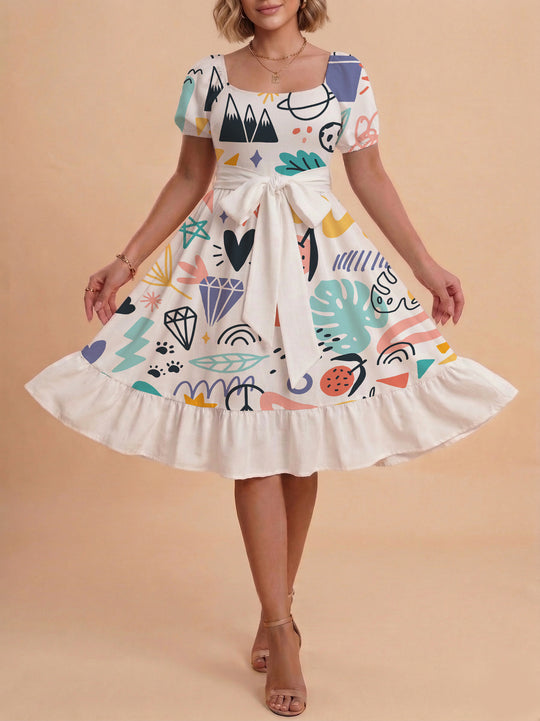 Damen Sommerkleid mit floralem Puffärmel und taillierbarem Gürtel R&B