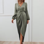 Damen Elegantes Maxikleid mit Tiefem V-Ausschnitt und Ballonärmeln R&B