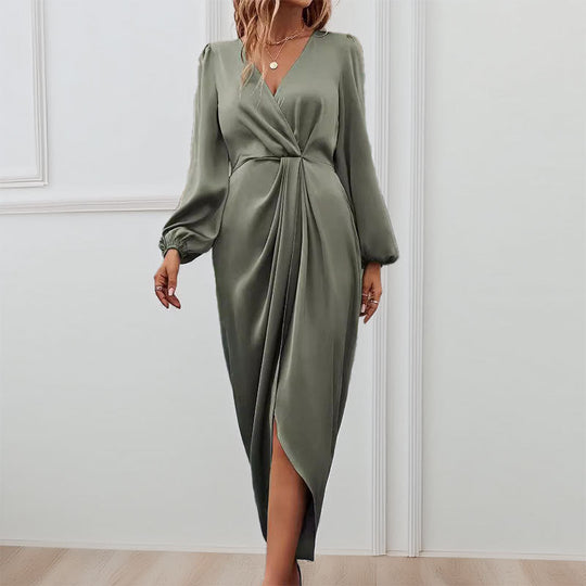 Damen Elegantes Maxikleid mit Tiefem V-Ausschnitt und Ballonärmeln R&B