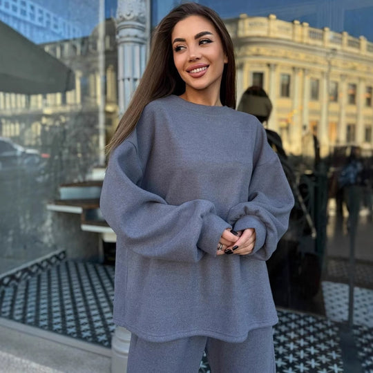 Damen lässiges Fleece-Loungewear-Set mit weichem Oversized-Pullover und bequemen Hosen R&B