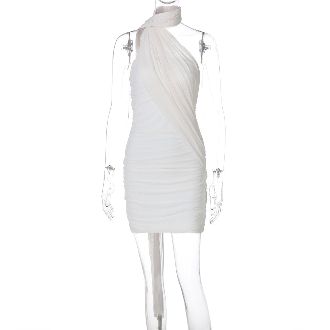 Damen elegantes Minikleid aus leichtem, drapiertem Stoff mit asymmetrischem Ausschnitt R&B