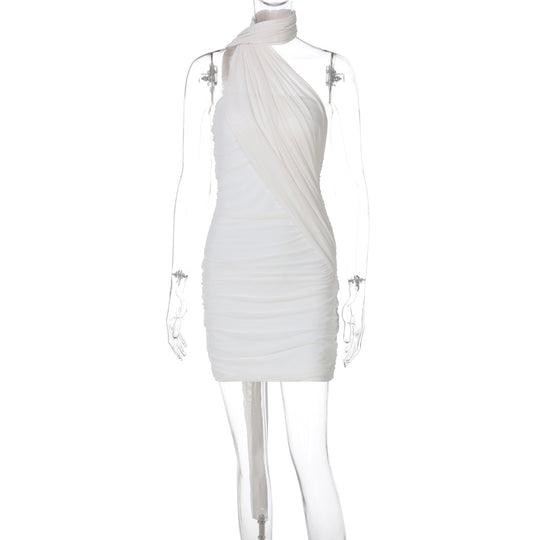Damen elegantes Minikleid aus leichtem, drapiertem Stoff mit asymmetrischem Ausschnitt R&B