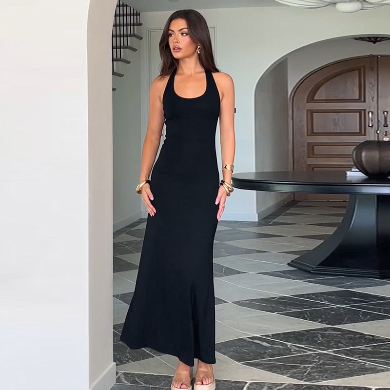 Damen bodenlanges Sommerkleid mit figurbetontem Schnitt und elegantem U-Boot-Ausschnitt EB