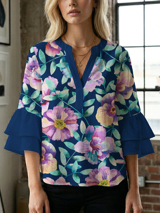 Damen Bluse mit voluminösen Ärmeln und floralem Design R&B