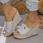 Damen Wedge-Pantoletten mit stylischem Textil-Obermaterial und dekorativem Schmuckdetail R&B