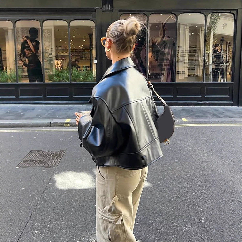Damen modische Kunstlederjacke mit oversized Schnitt R&B