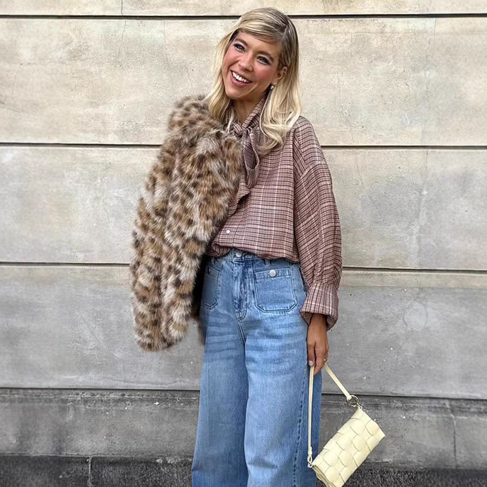 Damen Kurze Felljacke mit Leopardenmuster R&B