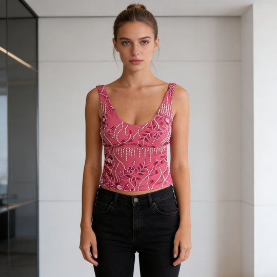 Damen Glamouröses Top mit funkelnden Stickereien und schmalen Trägern R&B
