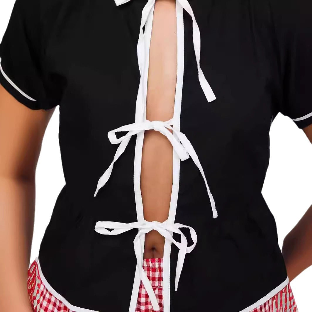 Damen Crop-Oberteil mit Puffärmeln und verstellbaren Bindebändern R&B