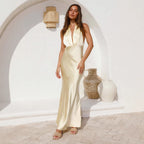Damen elegantes satiniertes Maxikleid mit tiefem V-Ausschnitt und figurbetontem Schnitt EB