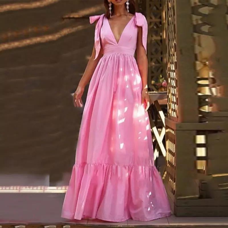 Damen Maxikleid mit festlichen Rüschendetails und tiefem V-Ausschnitt R&B