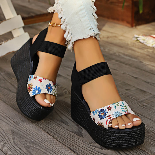 Damen Wedge-Sandalen mit floralem Design und elastischen Riemen R&B