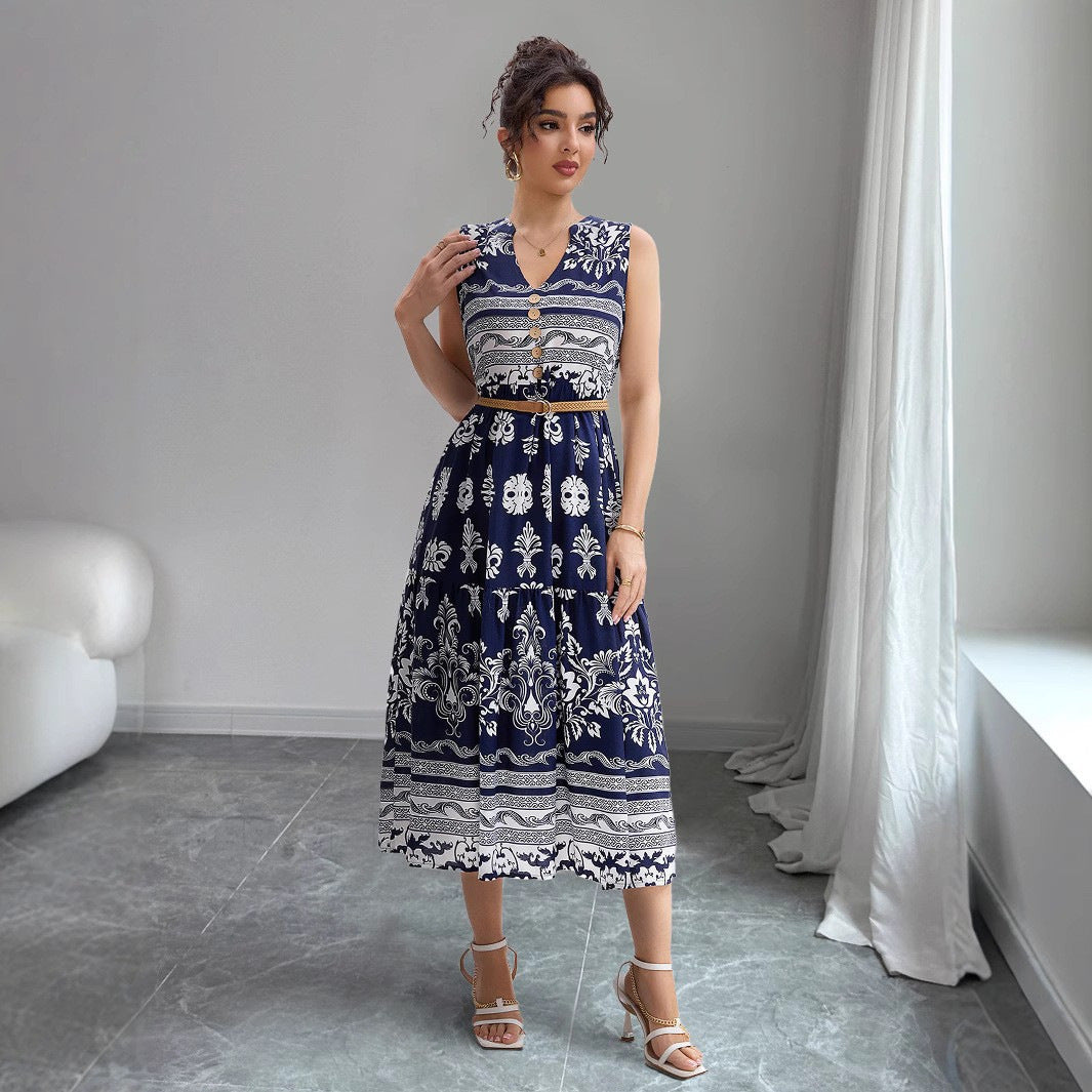 Damen Maxikleid mit elegantem V-Ausschnitt und grafischem Muster R&B