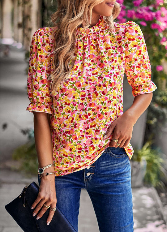 Damen Bluse mit Verspieltem Blumendesign und Puffärmeln R&B