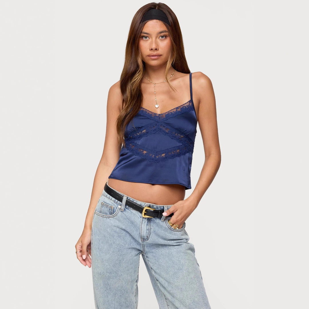 Damen Elegantes Satin-Cami-Top mit Spitzenverzierungen R&B